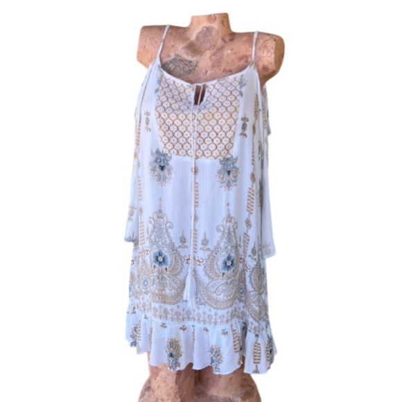 Cotton Peasant Sundress with Strap & Off-the-Shoulder 3/4 Sleeve Length - Picture 8 of 10